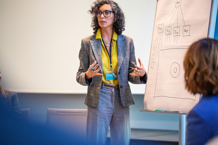 Mature businesswoman explaining her ideas to colleagues over a flip chart. Female professional giving a presentation to business people during a seminar.